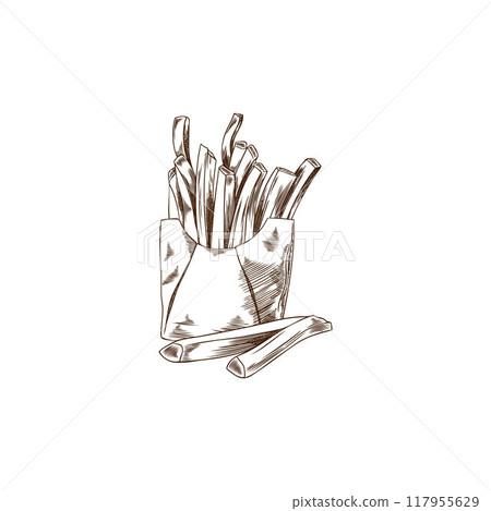 Sweet potato sticks pile in package vector engraved sketch, hand drawn chopped ripe yam, batatas product in paper bag 117955629