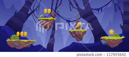 Vector graphics showing a night landscape with levitating stones, green grass and prize bonuses 117955642