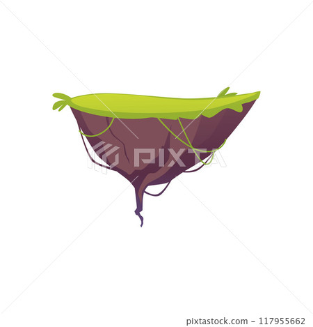 Level platform with green lawn and liana, floating grass land game island, vector cartoon fantasy GUI nature location Level platform with green lawn and liana, floating grass land game island, vector cartoon fantasy GUI nature location 117955662