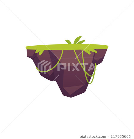 Floating level platform with green lawn and liana, game island grass land, vector cartoon fantasy GUI nature location Floating level platform with green lawn and liana, game island grass land, vector cartoon fantasy GUI nature location 117955665