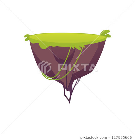 Level platform with green lawn and liana, floating grass land game island, vector cartoon fantasy rounded rock stage Level platform with green lawn and liana, floating grass land game island, vector cartoon fantasy rounded rock stage 117955666