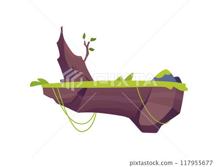 Level platform with old tree trunk, green lawn, floating game island land, vector cartoon fantasy summer rock stage Level platform with old tree trunk, green lawn, floating game island land, vector cartoon fantasy summer rock stage 117955677
