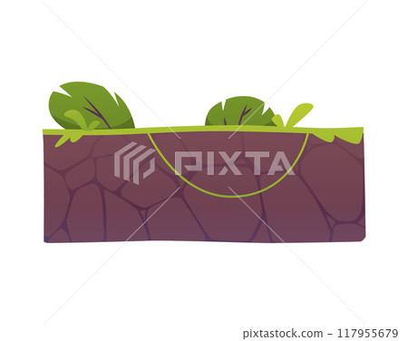 Level platform with green lawn, floating land game island, vector cartoon fantasy summer rock stage rectangular section Level platform with green lawn, floating land game island, vector cartoon fantasy summer rock stage rectangular section 117955679