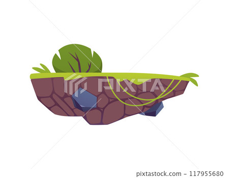 Floating stone platform with green grass and trees for game design. 117955680