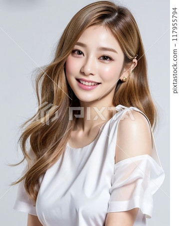 A beautiful woman in a white bare-shouldered style 117955794