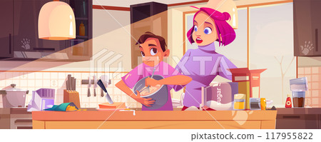 Mother and son in home kitchen cook for dinner 117955822