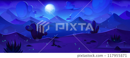 Desert landscape with sand dunes at night 117955871