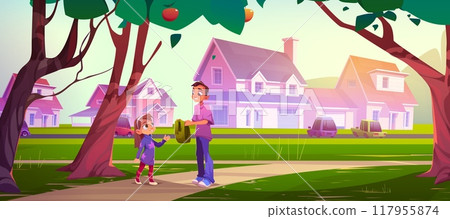 Children pick apple on neighborhood street vector Children pick apple on neighborhood street vector 117955874