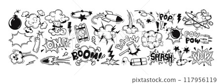 Doodle comic bombs and explosions, text sound effects with speech bubbles 117956119