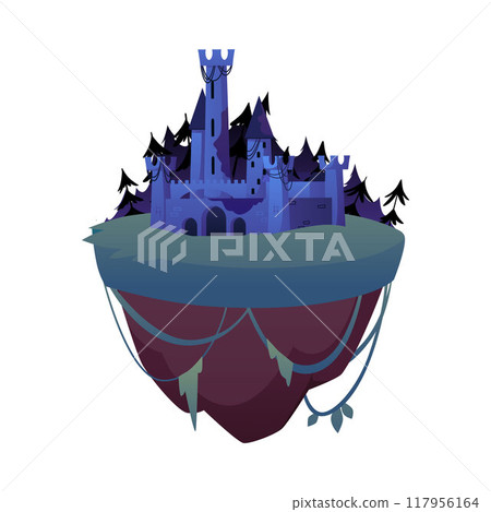 Floating land island with medieval castle, vector flat fairytale old fortress in dark forest, fantasy game platform 117956164