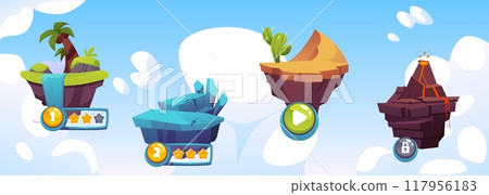 Vector illustration with a map of passing levels and flying islands with various locations 117956183