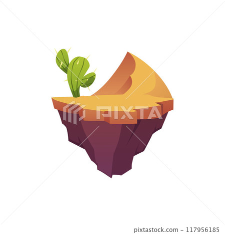 Level platform with cactus in sand dunes, floating desert land game island, vector cartoon fantasy rock stage isolated 117956185