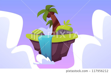 Level platform with coconut palm and waterfall, tropical land game island floating in the sky, vector fantasy rock stage Level platform with coconut palm and waterfall, tropical land game island floating in the sky, vector fantasy rock stage 117956212