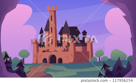 Landscape of medieval kingdom in forest vector flat illustration, road to fairy tale fortress castle, mansion, chateau 117956254