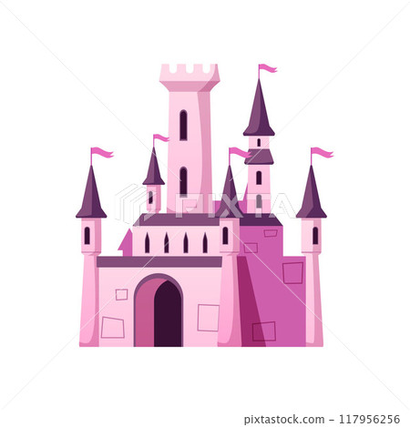 Medieval castle with towers vector icon, cartoon fairytale mansion, vintage king fortress castle, ancient stone palace 117956256