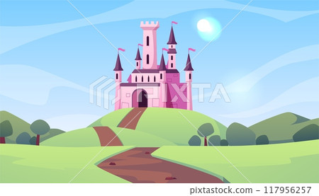 A fairytale pink castle for a princess in a green valley. 117956257