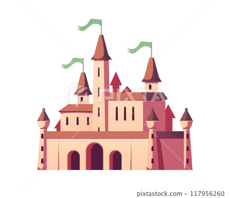 Vector illustration of an old fantastic castle with towers, flags, windows on a white background. 117956260