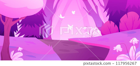 Illustration of a magical forest in pink tones for using the game interface. 117956267