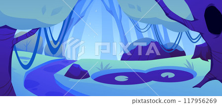 Vector illustration of a fantastic neon blue forest with trees, swamp, rocks, leaves and vines 117956269