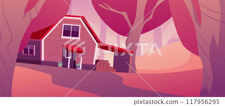 Vector illustration of a wooden house in the forest with a beautiful red sunset. 117956295
