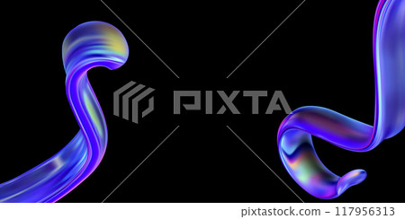Transparent glass ribbons on black background, realistic vector floating wave shapes holographic effect, dynamic curve Transparent glass ribbons on black background, realistic vector floating wave shapes holographic effect, dynamic curve 117956313