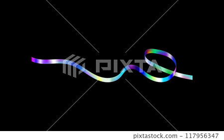 Wave of holographic tape in rainbow colors on a black isolated background. 117956347