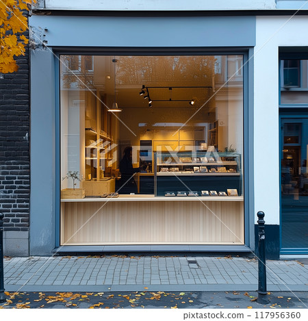 Shop front mockup, small store facade template for branding and business presentation, view of big window in European street 117956360