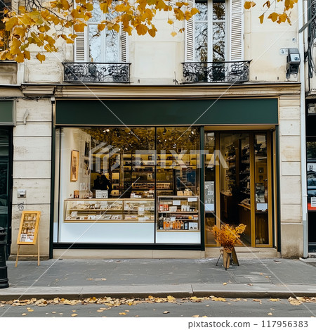 Shop front mockup, small store facade template for branding and business presentation, view of big window in European street 117956383