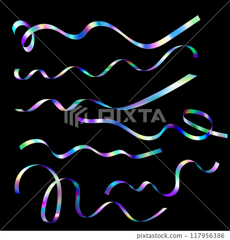 Set of illustrations with rainbow holographic wave ribbons on a black isolated background. Set of illustrations with rainbow holographic wave ribbons on a black isolated background. 117956386