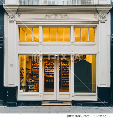 Shop front mockup, small store facade template for branding and business presentation, view of big window in European street 117956389