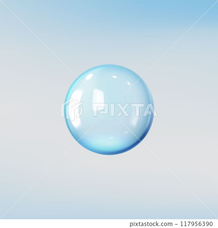 Realistic 3D glass ball with glares and highlights, vector volume glossy clear blue circle, transparent glass sphere 117956390