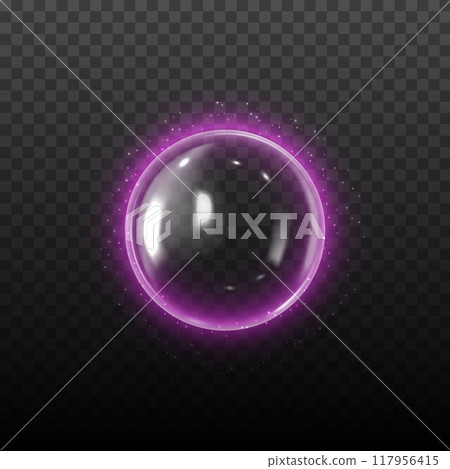 Glass 3d ball with purple sparkling particles in a circle on an isolated black background. Glass 3d ball with purple sparkling particles in a circle on an isolated black background. 117956415