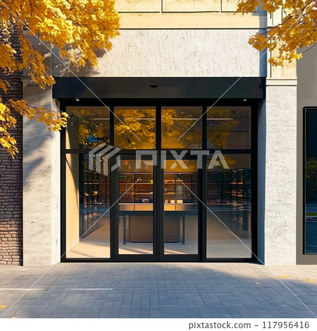 Shop front mockup, small store facade template for branding and business presentation, view of big window in European street 117956416