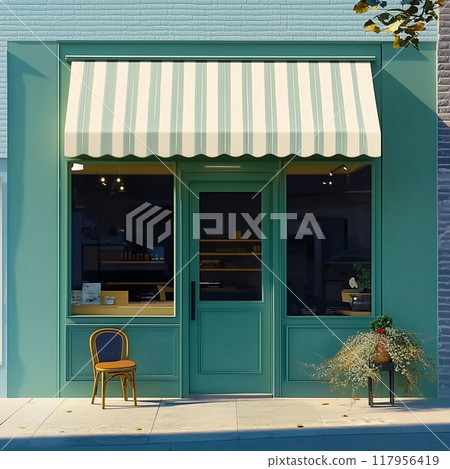 Shop front mockup, small store facade template for branding and business presentation, view of big window in European street 117956419