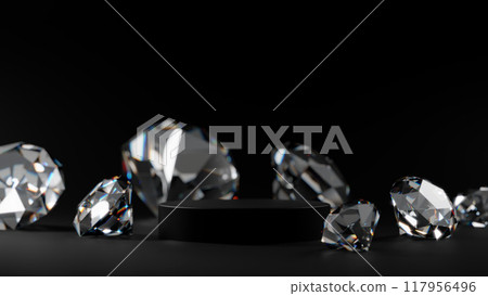 Multiple diamonds on a black background. 3D (horizontal) 117956496