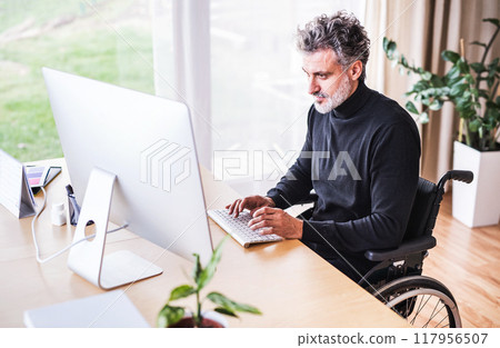 Handsome man in wheelchair working from home office, using computer in office. Telecommuting and home office. Handsome man in wheelchair working from home office, using computer in office. Telecommuting and home office. 117956507