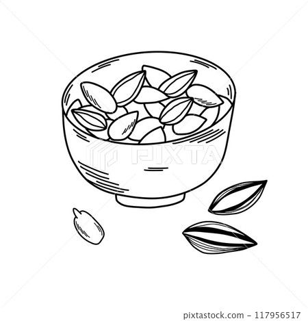 Illustration of a bowl full of roasted sunflower seeds, with shelled seeds around, doodle art Illustration of a bowl full of roasted sunflower seeds, with shelled seeds around, doodle art 117956517