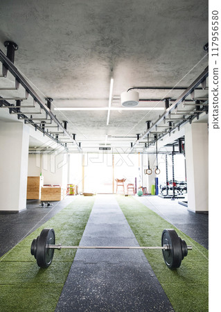 Barbell on gym floor. Rows of gym equipment, metal barbells, dubbells on racks for strength training in gym. 117956580