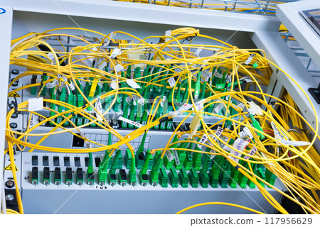 fiber optic cables plugged in network switch panel inside data center 117956629
