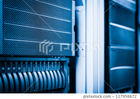 detail of rack datacenter holding cluster of hard-drives 117956672