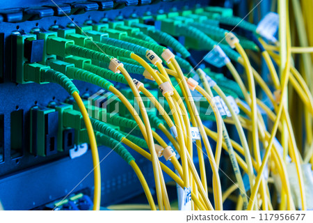 fiber optic cables plugged in network switch panel inside data center 117956677
