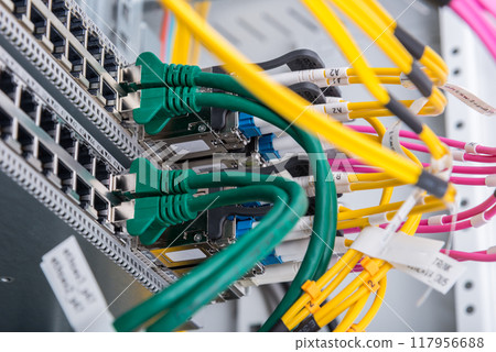 fiber optic cables connected to optic ports, network cables connected to ethernet ports fiber optic cables connected to optic ports, network cables connected to ethernet ports 117956688