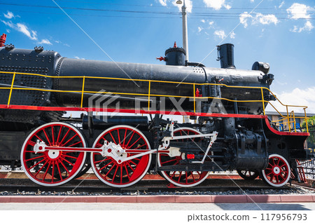 A railway locomotive with large wheels in the Tashkent Museum A railway locomotive with large wheels in the Tashkent Museum 117956793