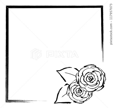 Monochrome line drawing of a rose frame with a brush stroke 117957073