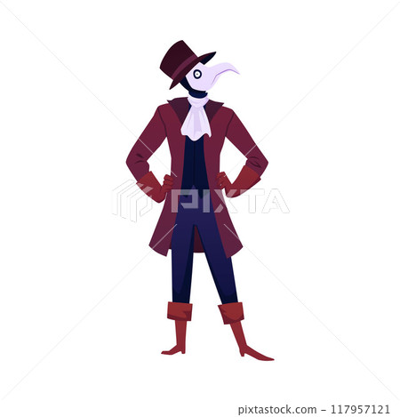 Vector illustration depicts a male ghost in an old suit and with a plague mask. 117957121