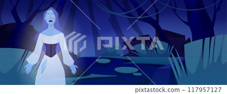 Vector illustration of gothic female ghost character on forest swamp background at night. Vector illustration of gothic female ghost character on forest swamp background at night. 117957127