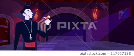 Vector illustration a vampire character drinking red blood from a glass in a dark dungeon Vector illustration a vampire character drinking red blood from a glass in a dark dungeon 117957128