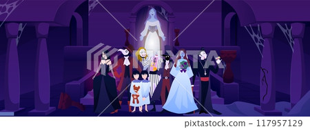 Vector illustration of gothic Halloween characters against a backdrop of castle ruins. Vector illustration of gothic Halloween characters against a backdrop of castle ruins. 117957129