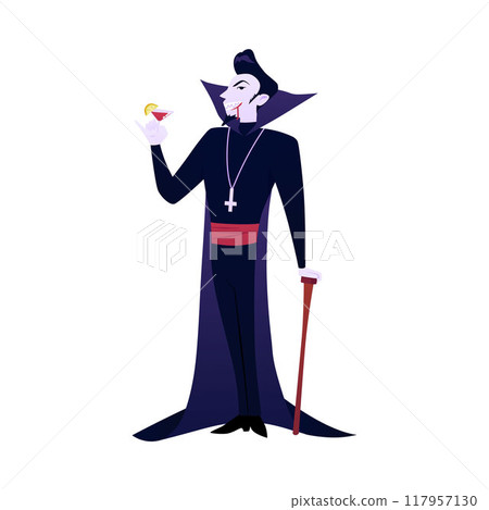 Vector illustration a vampire character in a high-collared suit drinking red blood from a glass Vector illustration a vampire character in a high-collared suit drinking red blood from a glass 117957130