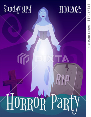 Vector illustration of a poster with a gothic female ghost on a cross and tombstone background. Vector illustration of a poster with a gothic female ghost on a cross and tombstone background. 117957131